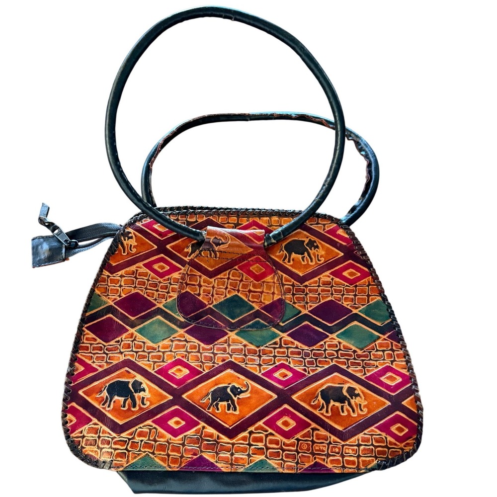 Vintage 1993 Tooled Leather Elephant Tribal Handbag Boho Tote Multicolor Womens
